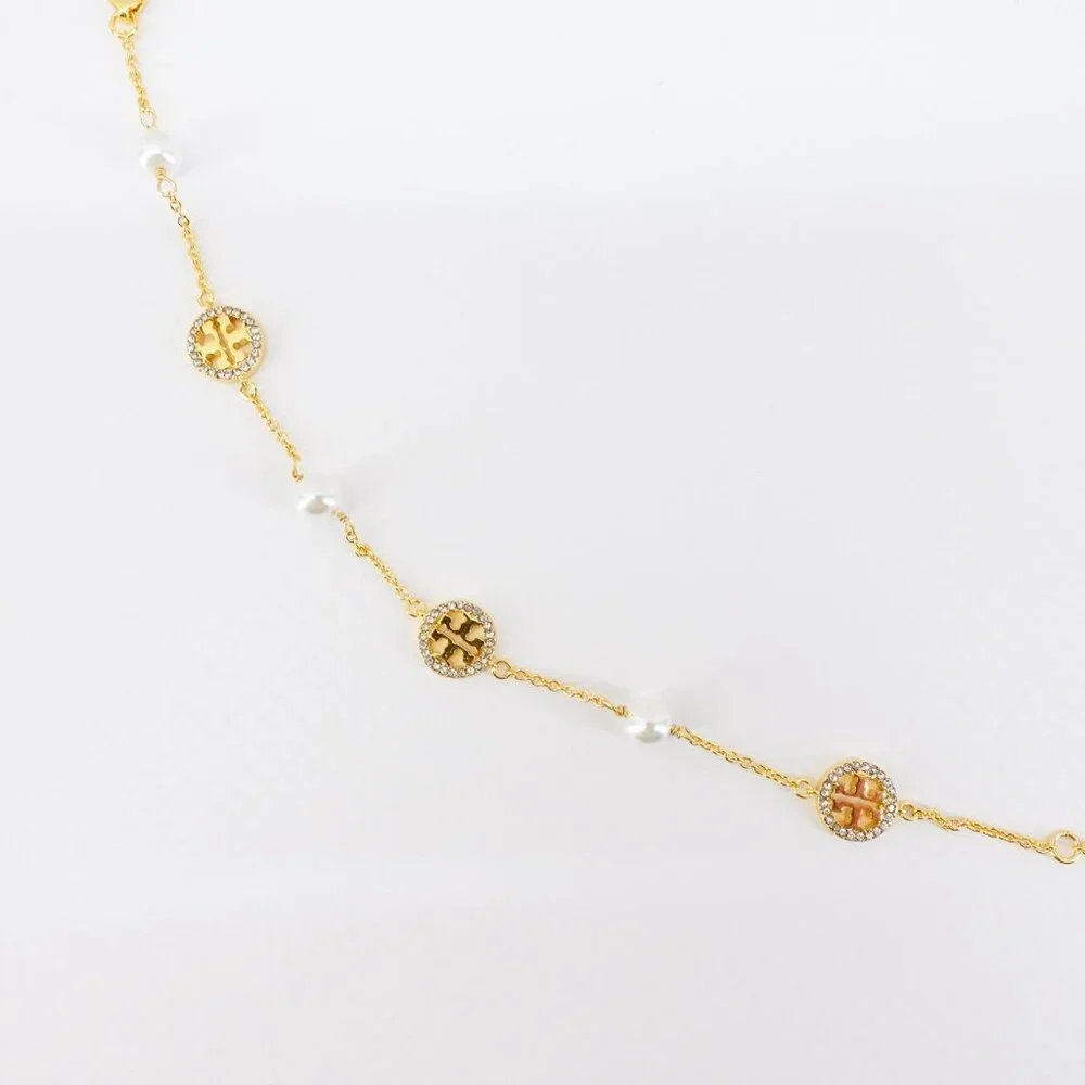 Tory Burch Crystal Logo & Imitation Pearl Station Bracelet Ivory/Tory Gold OS
